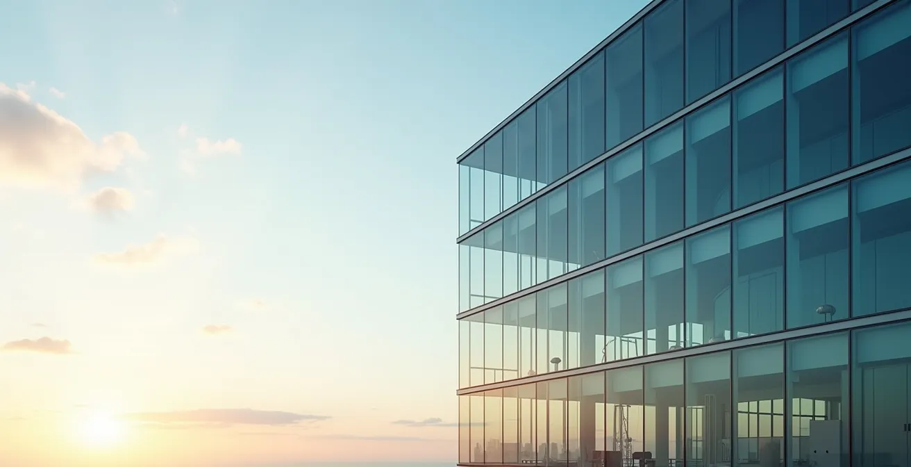 Vue architecturale d'un bâtiment moderne avec plusieurs étages en verre transparent montrant différents niveaux de sécurité