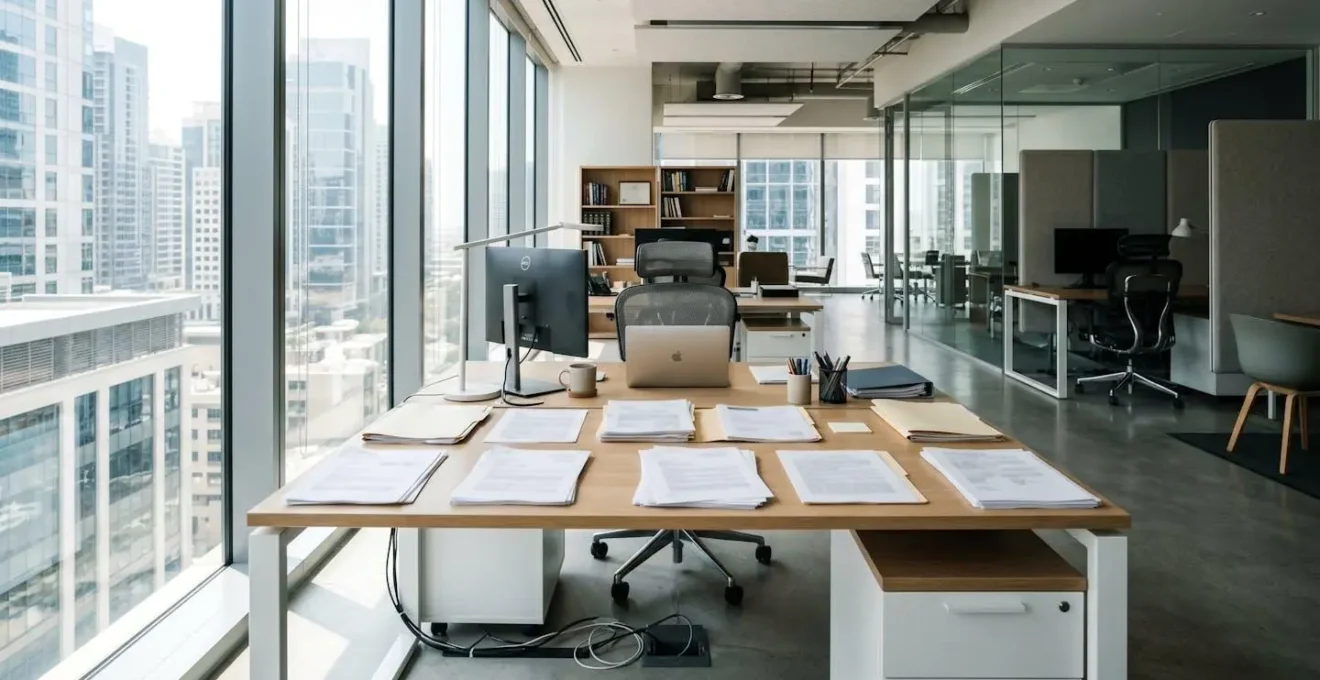 Bureau contemporain avec des documents juridiques posés sur une table en bois, éclairé par une lumière naturelle latérale