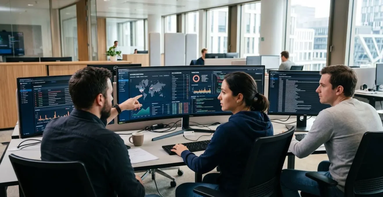 Équipe IT vue de dos devant plusieurs écrans de monitoring dans une salle de supervision moderne avec éclairage naturel