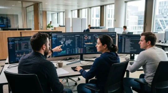 Équipe IT vue de dos devant plusieurs écrans de monitoring dans une salle de supervision moderne avec éclairage naturel