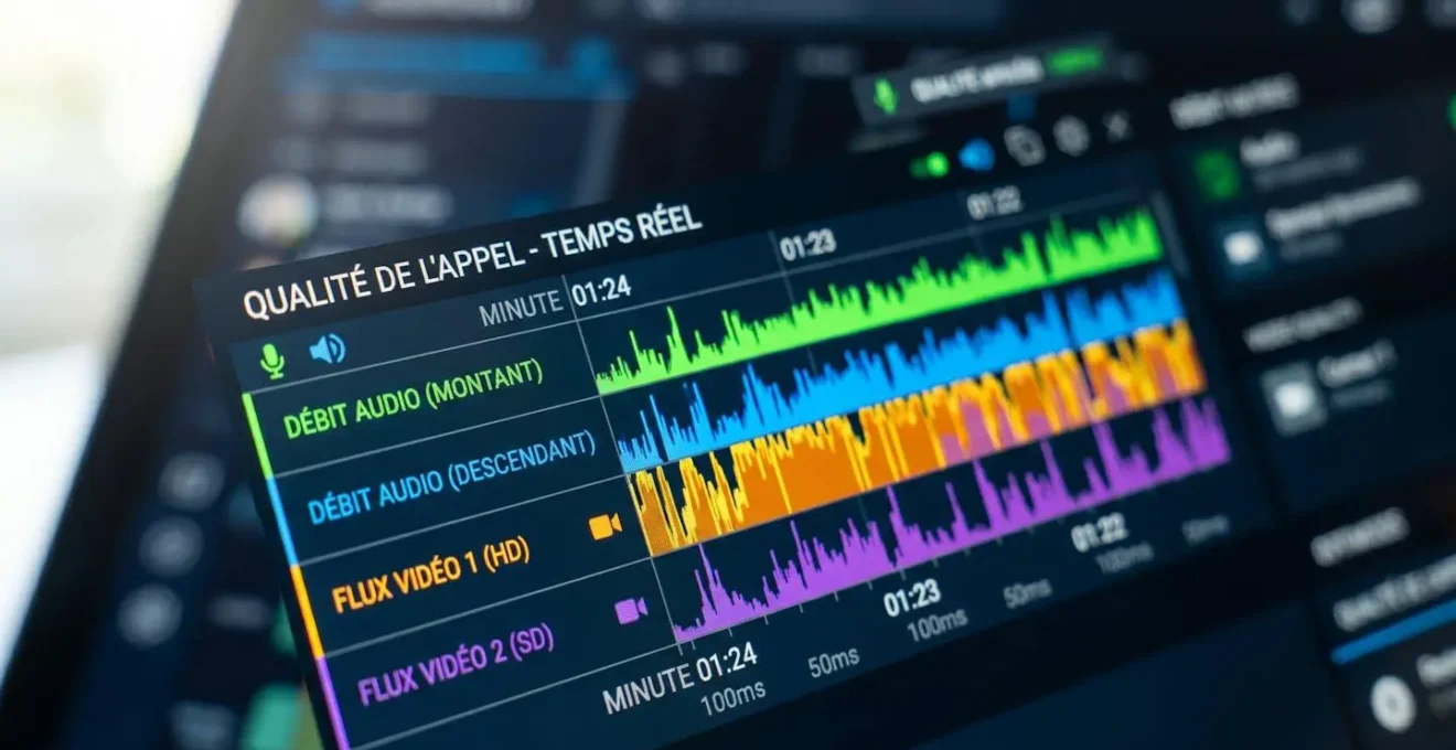 Gros plan sur un écran d'interface de monitoring affichant une timeline graphique détaillée avec plusieurs lignes colorées représentant des flux d'appel