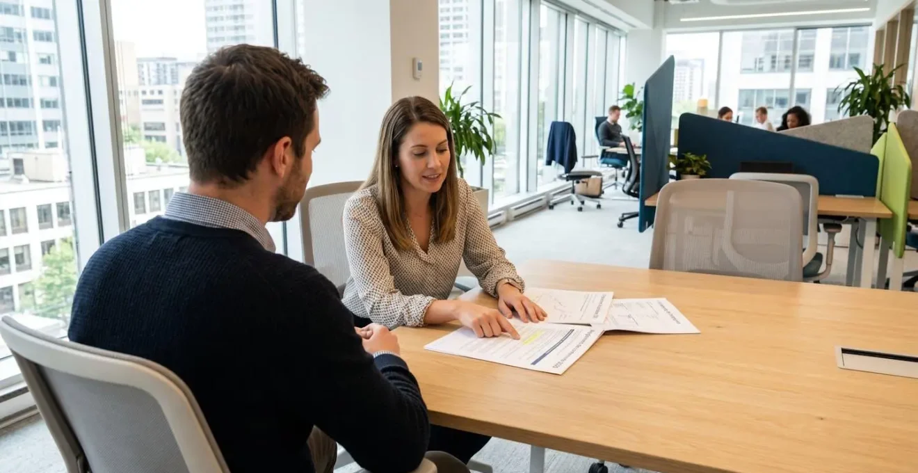 Deux professionnels discutent devant un écran d'ordinateur dans un bureau lumineux et contemporain