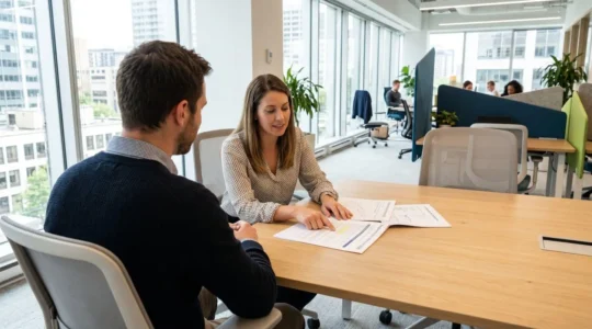Deux professionnels discutent devant un écran d'ordinateur dans un bureau lumineux et contemporain