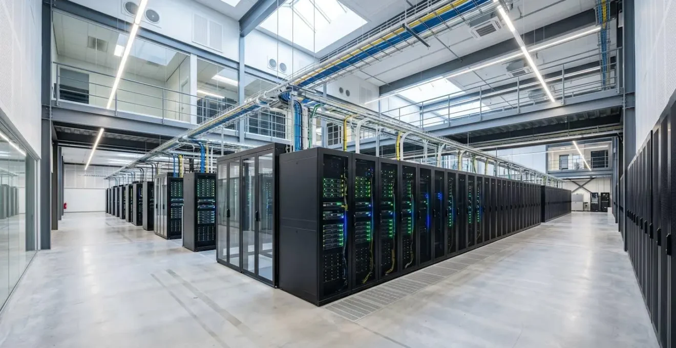 Vue grand angle d'une salle serveurs moderne européenne avec rangées de baies serveurs équipées de LEDs, architecture contemporaine épurée et éclairage naturel