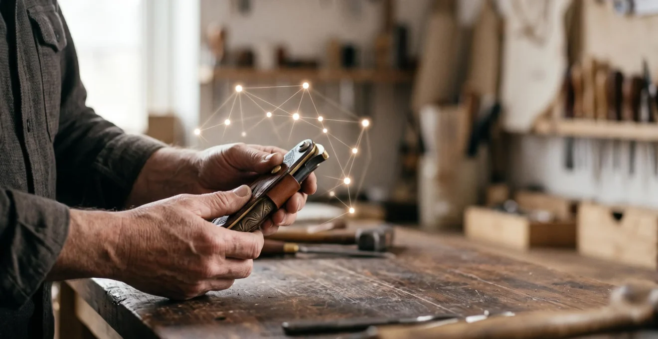 Artisan examinant un produit dont l'authenticité est validée par un réseau lumineux abstrait symbolisant la blockchain
