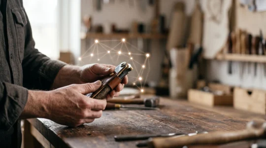 Artisan examinant un produit dont l'authenticité est validée par un réseau lumineux abstrait symbolisant la blockchain