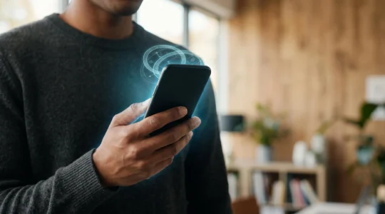 Main tenant un smartphone dont l'écran diffuse une lumière bleutée symbolisant la validation sécurisée d'un paiement en ligne