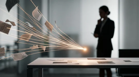 Représentation symbolique de flux de données clients convergeant vers un point central lumineux, illustrant la centralisation par un CRM