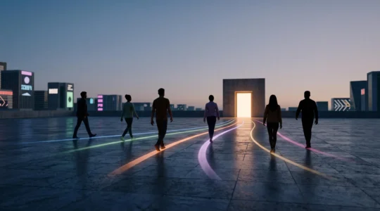 Silhouettes anonymes suivant chacune un chemin lumineux unique convergeant vers un point central, symbolisant la personnalisation digitale menant à la conversion