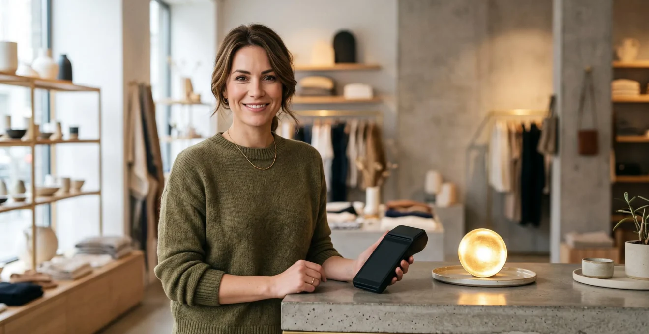 Commercant tenant une tablette de paiement moderne dans une boutique au design epure, symbolisant l'acceptation du Bitcoin comme moyen de paiement