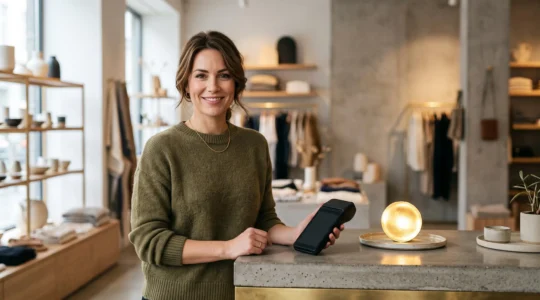 Commercant tenant une tablette de paiement moderne dans une boutique au design epure, symbolisant l'acceptation du Bitcoin comme moyen de paiement
