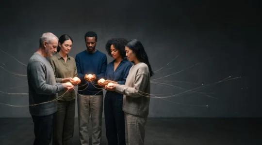 Petit groupe de personnes formant un cercle lumineux dont l'énergie se propage en cercles concentriques, symbolisant une communauté engagée qui amplifie sa portée sans publicité