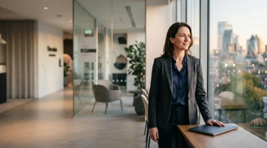 Silhouette d'un dirigeant d'entreprise dans un bureau lumineux, symbolisant la confiance numérique transformée en avantage business