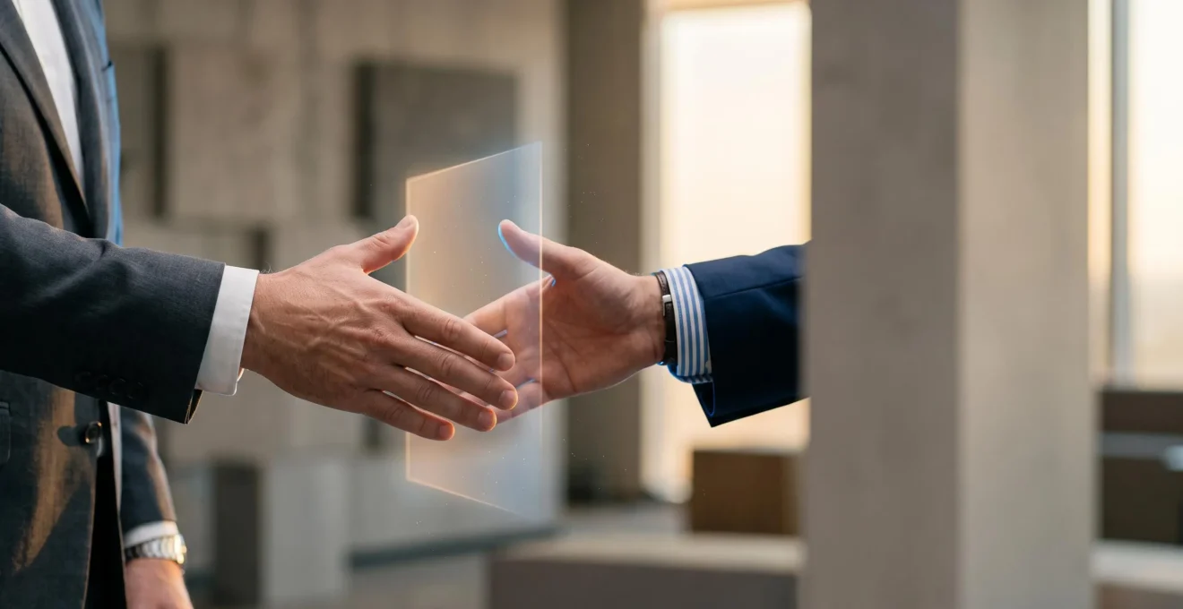 Illustration symbolique de deux mains représentant un accord commercial B2B sécurisé par la confiance numérique