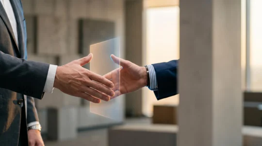 Illustration symbolique de deux mains représentant un accord commercial B2B sécurisé par la confiance numérique