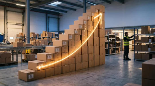 Trajectoire lumineuse ascendante symbolisant la progression du taux de conversion d'un site e-commerce, dans un entrepôt de logistique organisé
