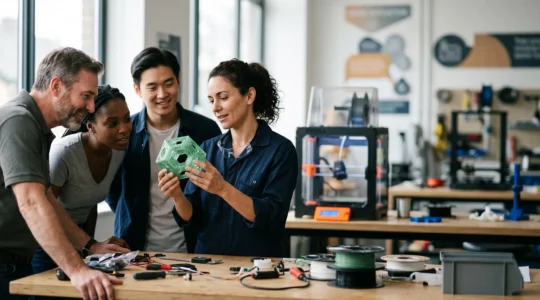 Equipe d'ingenieurs observant un prototype fraichement imprime en 3D dans un atelier moderne, symbolisant la reduction des delais de developpement produit