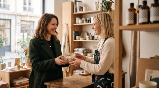 Client souriant recevant une récompense personnalisée dans une boutique lifestyle moderne, symbolisant la fidélisation client