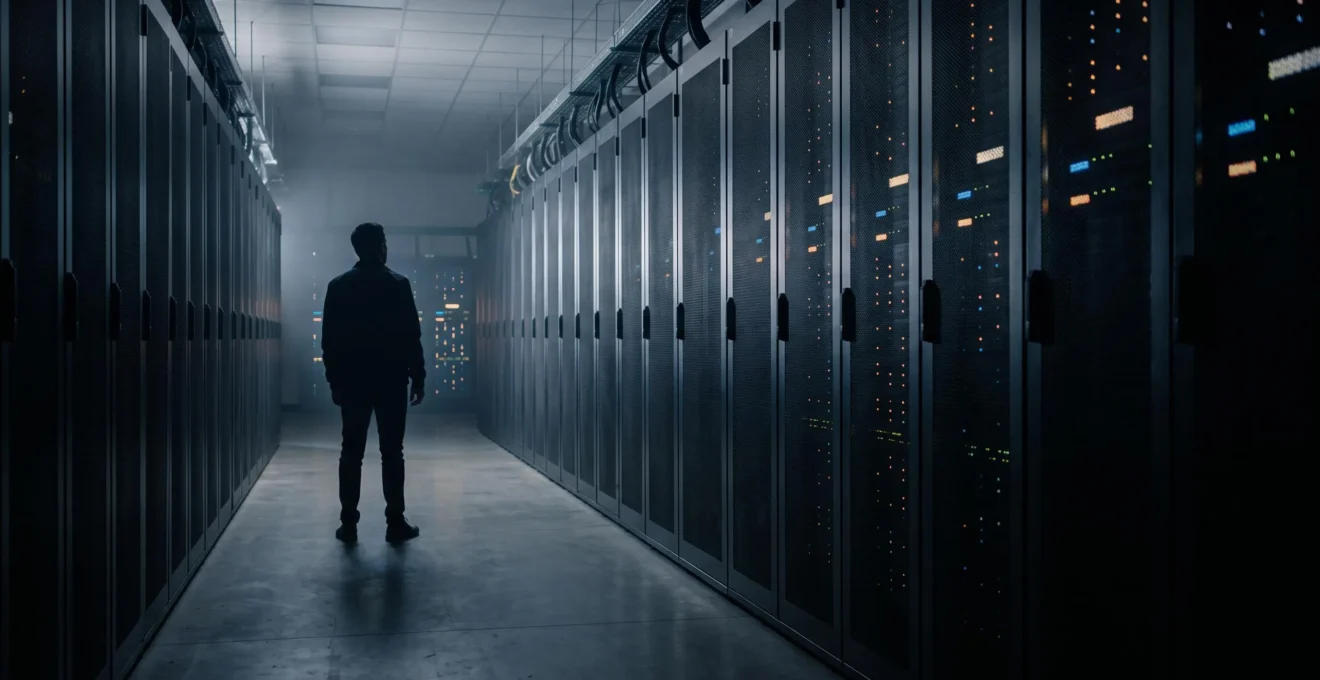 Silhouette d'un professionnel de la cybersécurité observant un couloir de serveurs plongé dans une lumière bleue, symbolisant une menace persistante invisible.