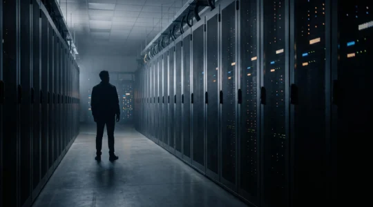 Silhouette d'un professionnel de la cybersécurité observant un couloir de serveurs plongé dans une lumière bleue, symbolisant une menace persistante invisible.