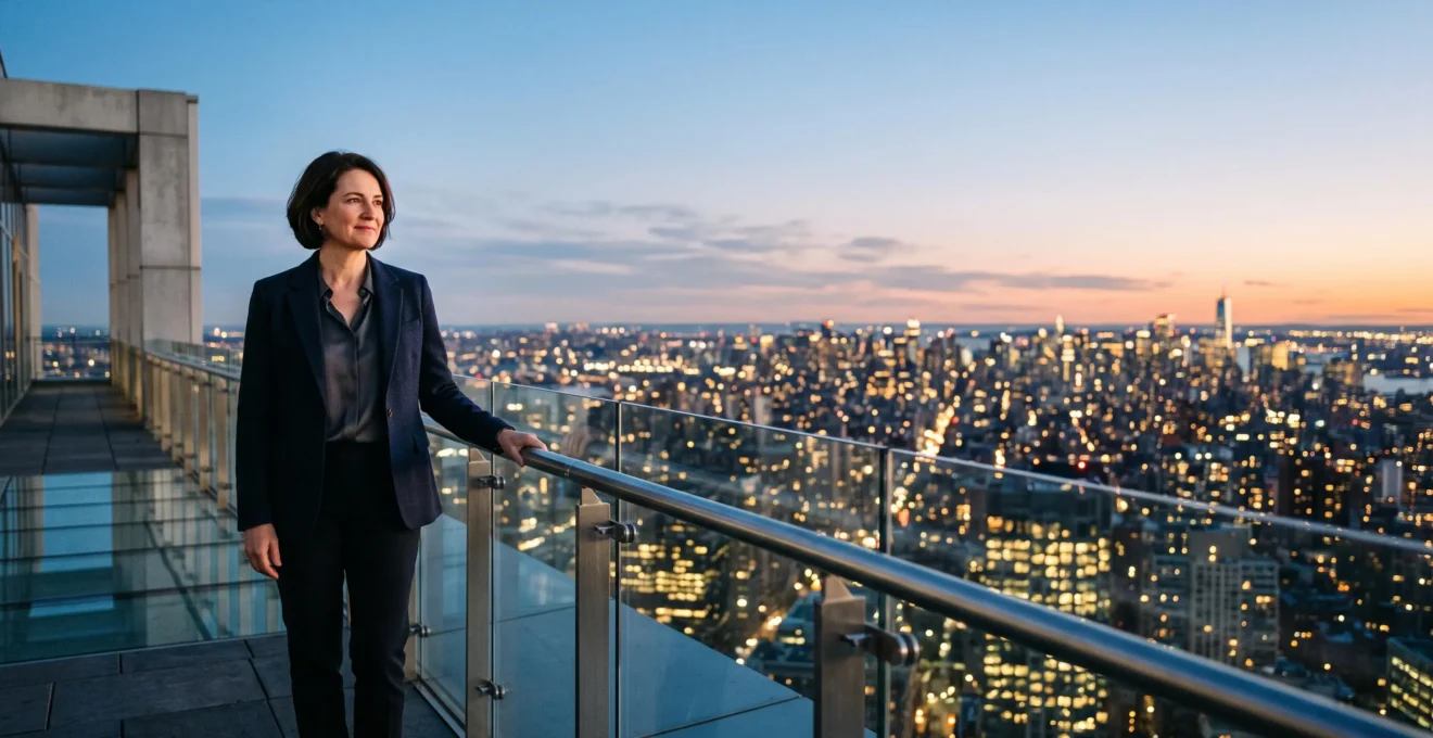 Dirigeant d'entreprise observant un paysage urbain la nuit, symbolisant une decision strategique eclairee par les donnees