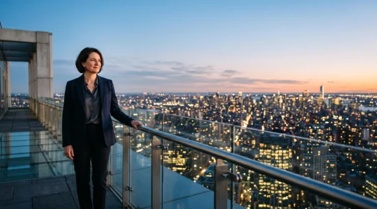 Dirigeant d'entreprise observant un paysage urbain la nuit, symbolisant une decision strategique eclairee par les donnees