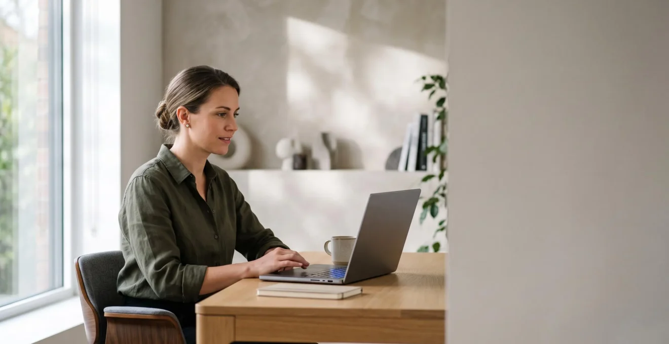 Professionnel en teletravail utilisant un ordinateur portable dans un environnement lumineux et securise, symbolisant la connexion au cloud.