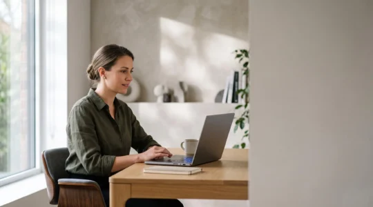 Professionnel en teletravail utilisant un ordinateur portable dans un environnement lumineux et securise, symbolisant la connexion au cloud.