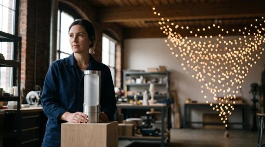 Entrepreneur présentant un prototype technologique entouré de silhouettes symbolisant une communauté de soutiens, dans un espace de travail lumineux