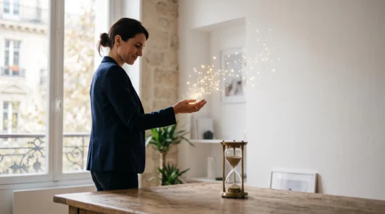 Un dirigeant d'entreprise français libère du temps grâce à l'automatisation de ses tâches administratives, symbolisée par un sablier lumineux