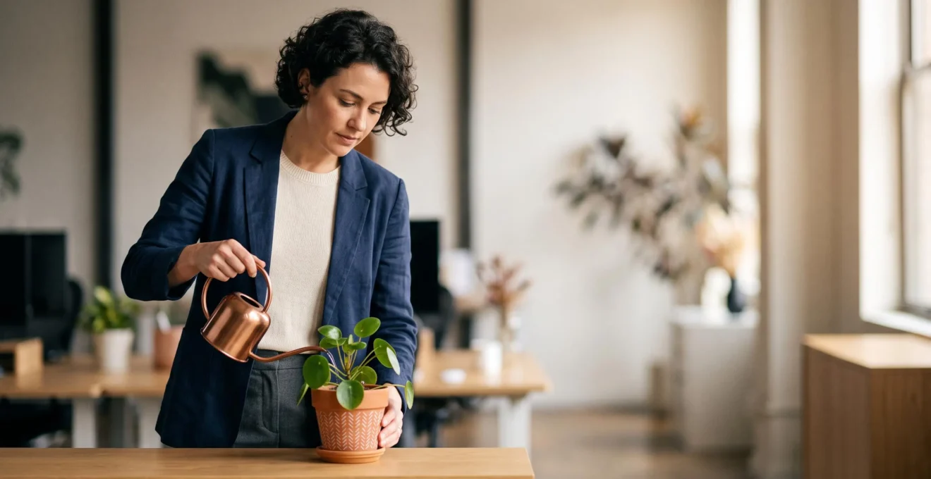 Professionnel de la relation client prenant soin d'une jeune plante dans un bureau lumineux, symbolisant la fidélisation durable et la croissance de la valeur client