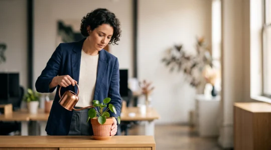 Professionnel de la relation client prenant soin d'une jeune plante dans un bureau lumineux, symbolisant la fidélisation durable et la croissance de la valeur client