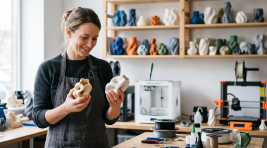 Artisan examinant une série d'objets imprimés en 3D tous légèrement différents, symbole de la personnalisation de masse