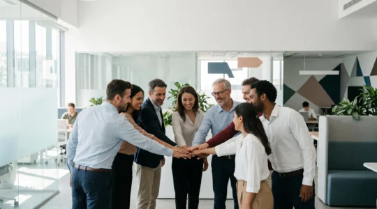 Groupe de professionnels divers réunis en cercle dans un bureau lumineux, mains jointes au centre en signe de collaboration horizontale et d'engagement collectif