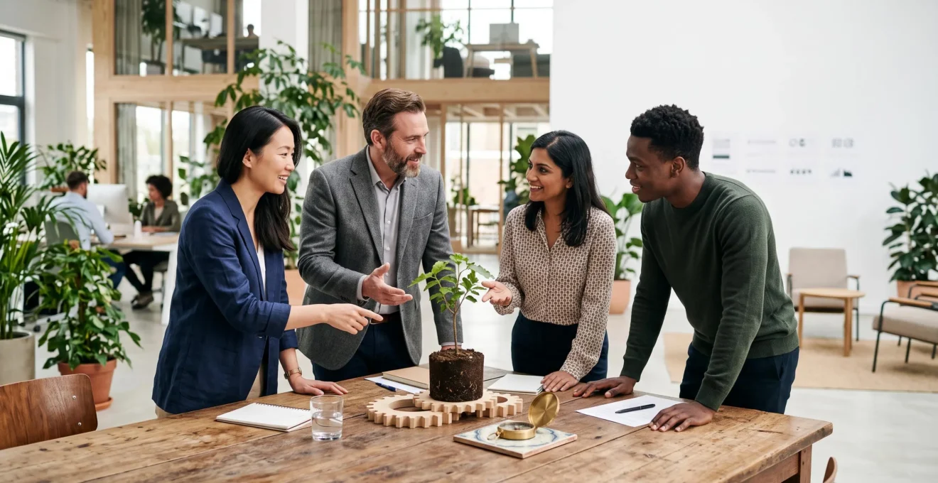 Équipe diversifiée collaborant autour d'un projet d'entreprise à impact social, symbolisant la croissance et l'engagement collectif