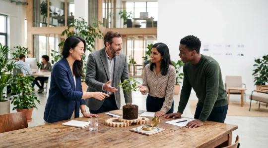 Équipe diversifiée collaborant autour d'un projet d'entreprise à impact social, symbolisant la croissance et l'engagement collectif