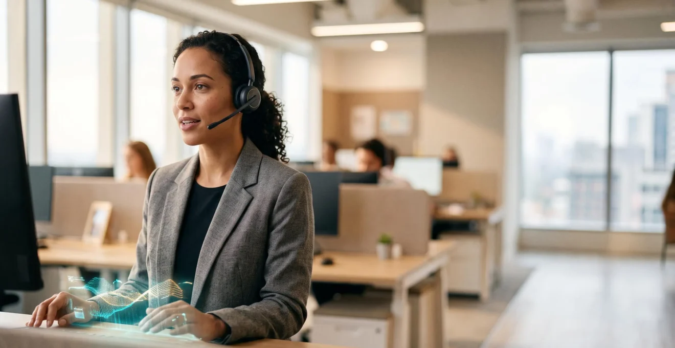 Conseiller de centre de contact moderne au casque connecté, symbole de la transformation du service client vers plus de satisfaction
