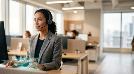 Conseiller de centre de contact moderne au casque connecté, symbole de la transformation du service client vers plus de satisfaction