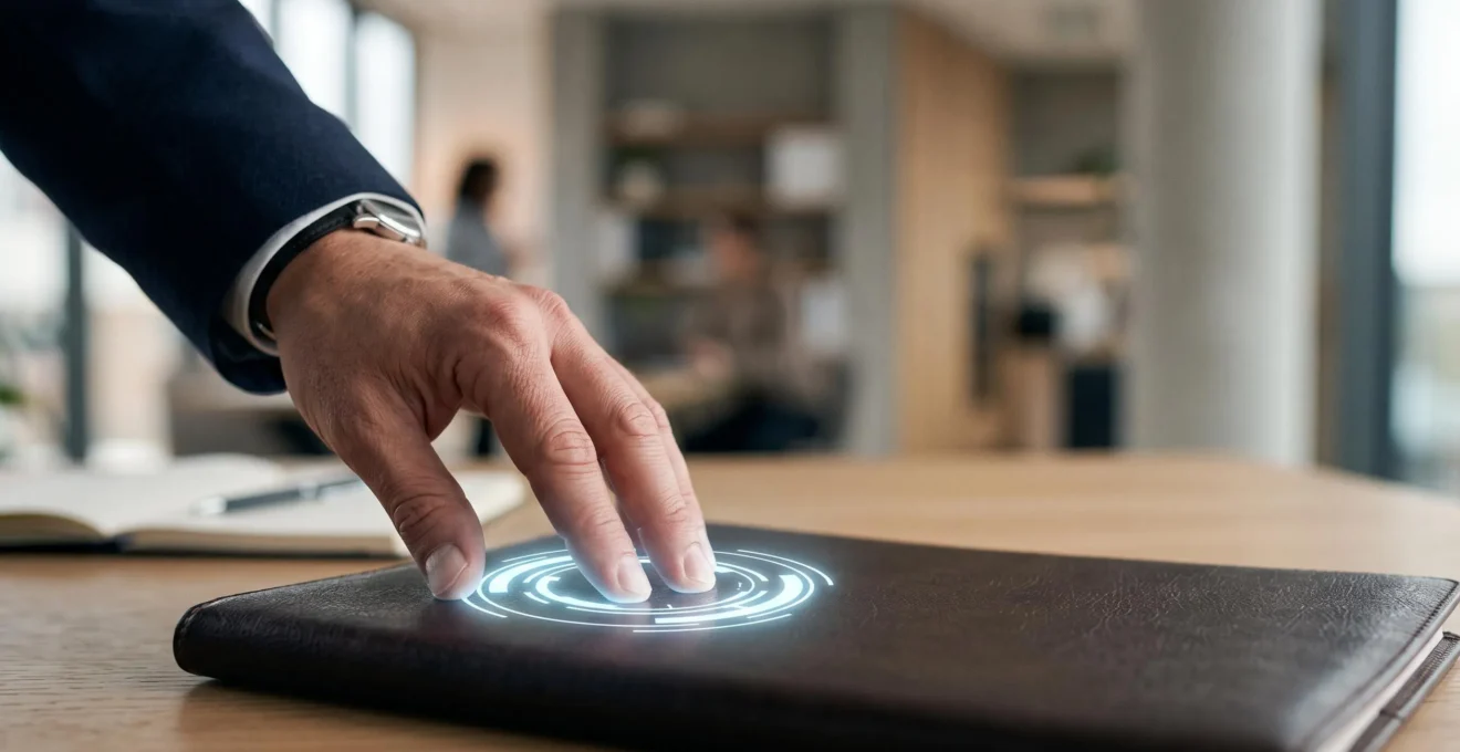 Main professionnelle apposant un sceau numerique lumineux sur un dossier ferme, symbolisant la securisation juridique d'un document PDF