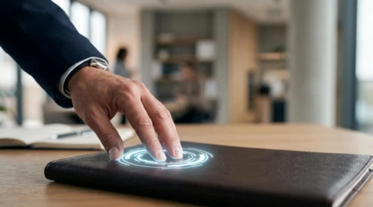 Main professionnelle apposant un sceau numerique lumineux sur un dossier ferme, symbolisant la securisation juridique d'un document PDF