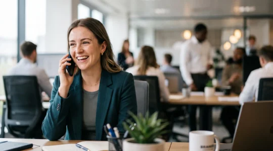 Professionnel souriant au téléphone dans un bureau moderne, symbolisant la rapidité de mise en relation commerciale