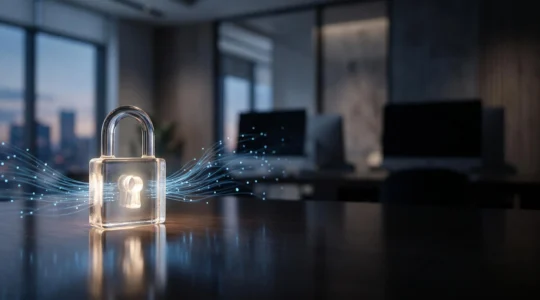 Cadenas numérique lumineux protégeant un flux de données personnelles, symbole de conformité RGPD et de cybersécurité en entreprise