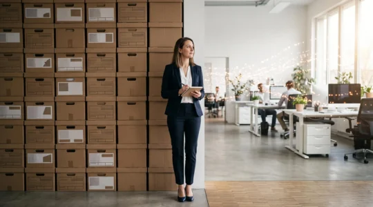 Transition symbolique entre des archives papier empilées et un flux de données numériques lumineux représentant l'exploitation stratégique de l'information.