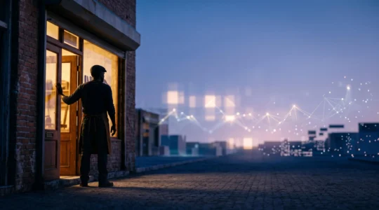 Commerçant traditionnel au seuil de sa boutique regardant un horizon lumineux symbolisant la croissance digitale