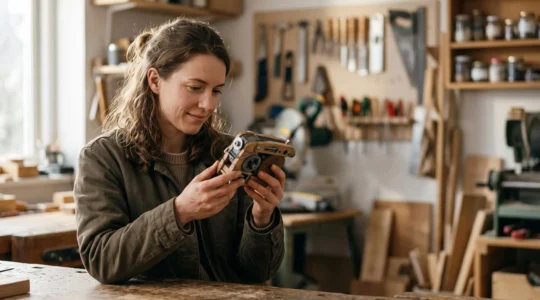 Entrepreneur testant un prototype physique dans un atelier minimaliste, symbole de la validation d'un concept produit avant investissement