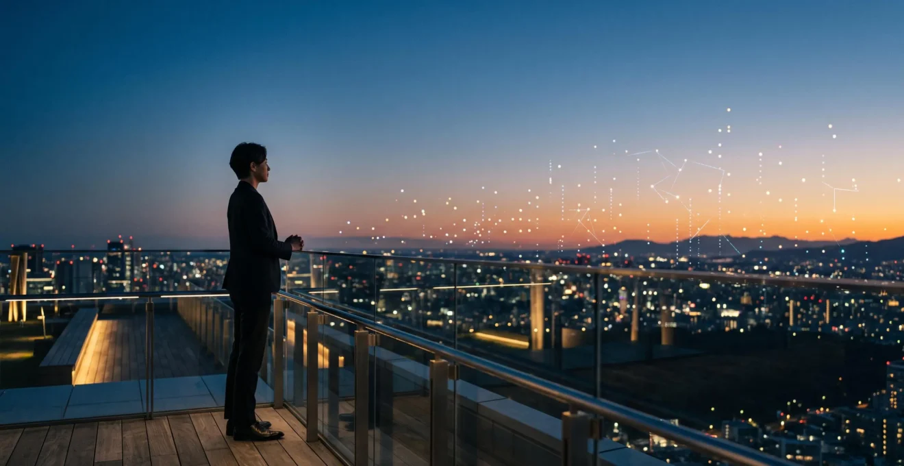 Silhouette d'un dirigeant observant un horizon numérique symbolisant l'anticipation des technologies disruptives