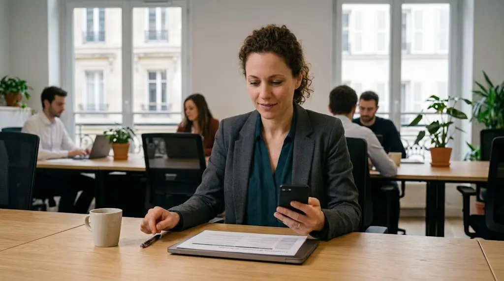 Une cheffe de projet compare les critères d'une solution sur papier avec son smartphone.