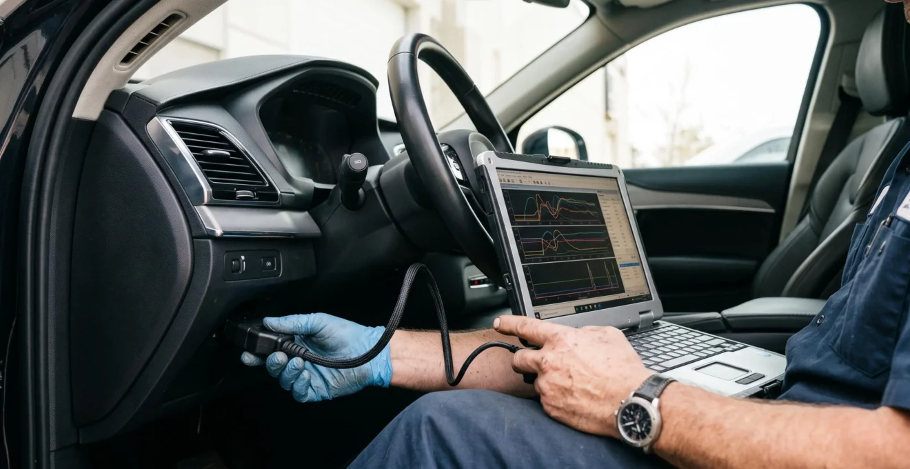 Un technicien branche un outil de diagnostic sur le port d'un véhicule.