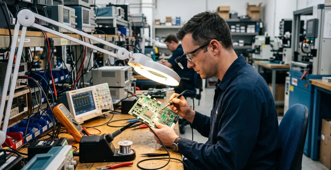 Un ingénieur examine une carte électronique embarquée sous une lampe dans un atelier.