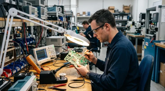Un ingénieur examine une carte électronique embarquée sous une lampe dans un atelier.